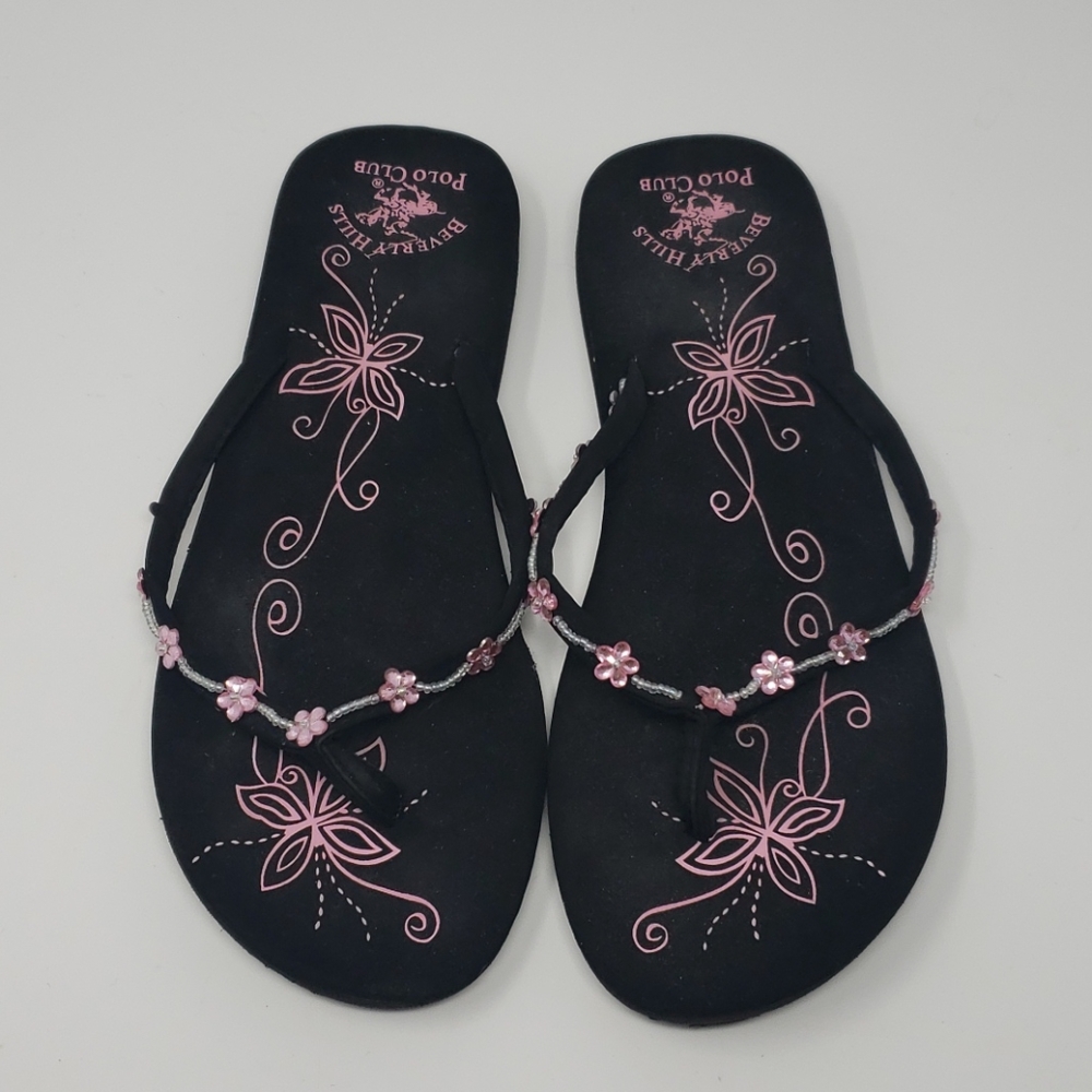 Pink floral beaded flip flops